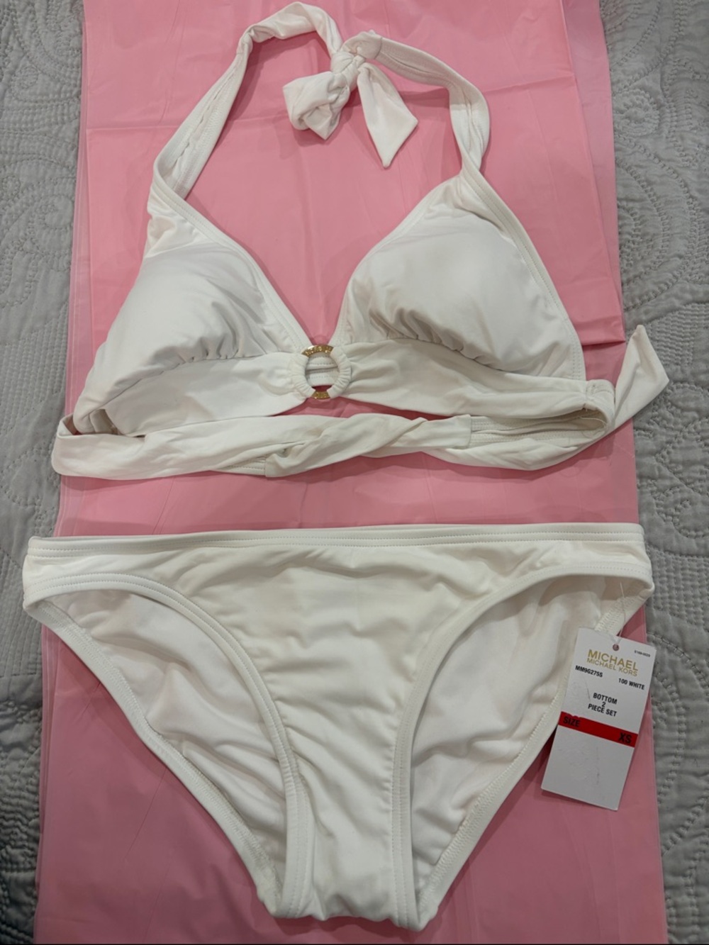 Michael Kors White Halter Bikini Set with Gold Ring Accent